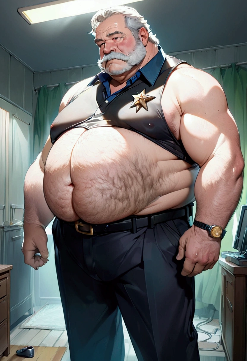 (8K, top-quality, masterpiece: 1.2), (Age: 60, White man, retired sheriff ), (Disgusting, Horny: 1.1), (Muscular, Chubby: 1.1), (Kind: 1.3), ( Mature Daddy), (Dress Pants: 1.3), (Very Hairy chest and belly, Small Hard Nipple), (Visible Bulge), (Loafer: 1.2),
Imagine a masterpiece of an image, captured in the highest resolution of 8K, showcasing a white man in his sixties, playing the role of a retired sheriff
