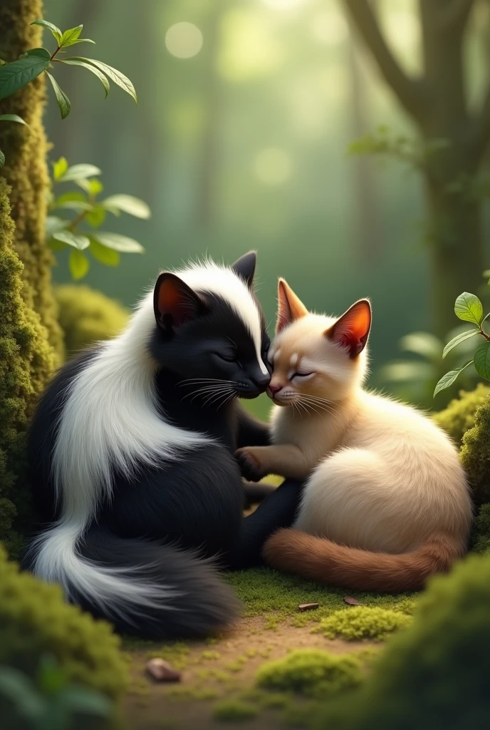 A Siamese cat and a skunk lying together with their eyes closed. 