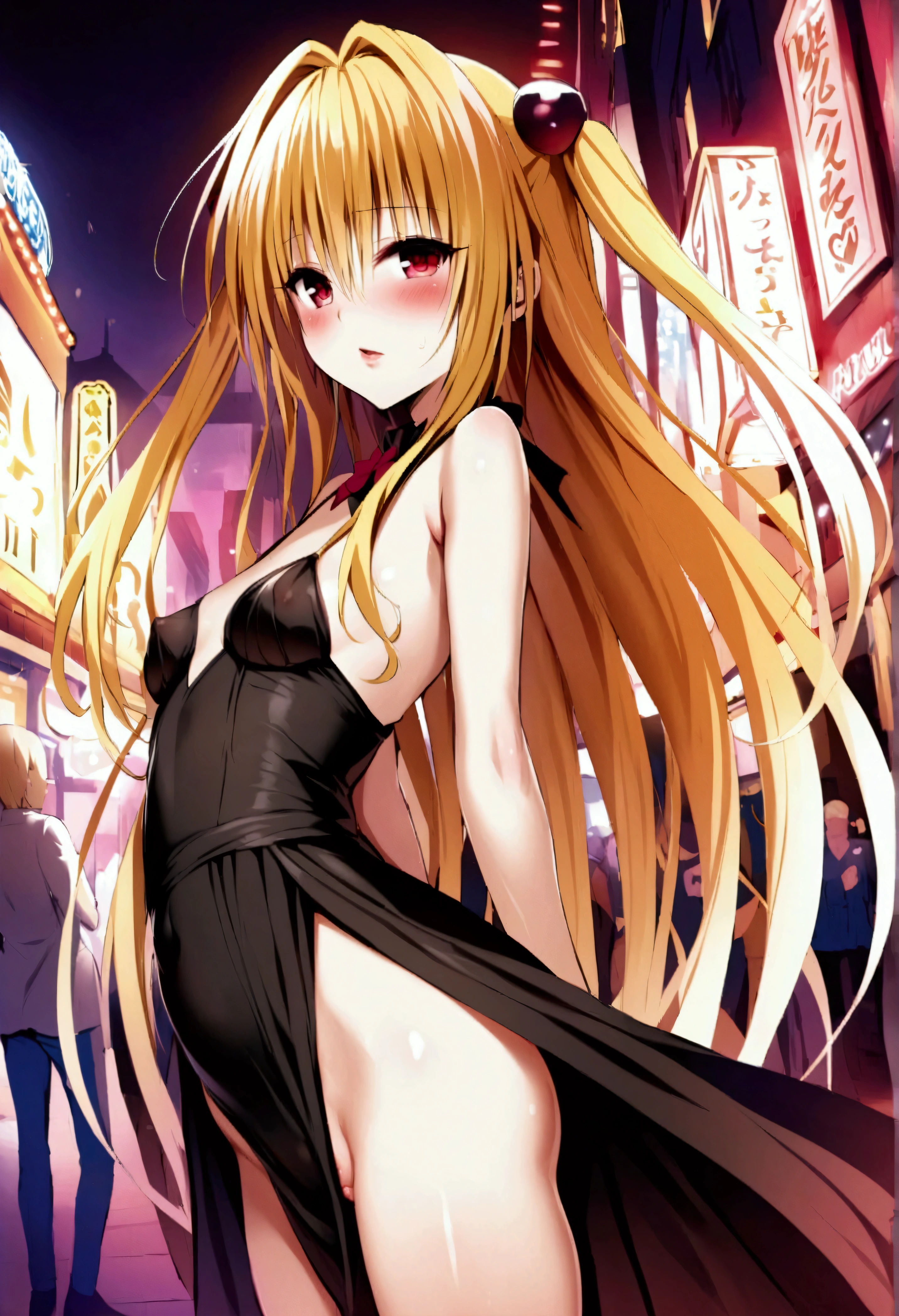 NSFW,masterpiece,Highest quality,High resolution,Very detailed,Golden Darkness\(To Love-Ru\),Blonde,Red eyes,long hair,Two Side Up,Small breasts,Black Dress,Sleeveless,Removable sleeves,hair ornaments,(Lustful face),blush,Are standing,Nightlife,In town