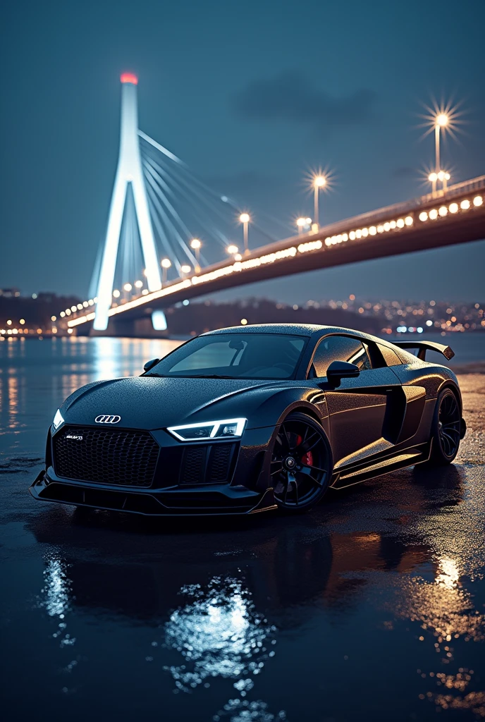 he Audi R8, with body parked near a lit-up bridge, reflects the perfect blend of speed and style