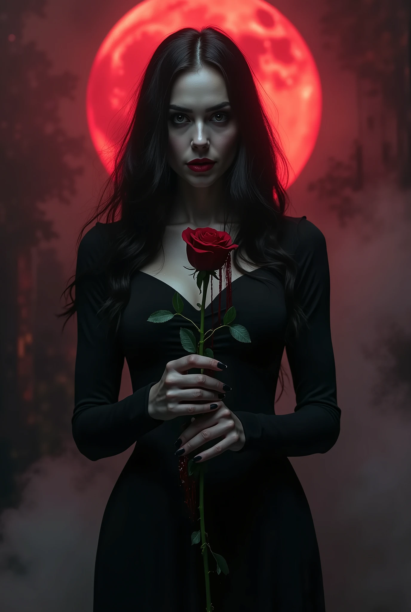 splash art, portrait of Morticia Adam's standing in a dynamic low-angle pose, her body slightly tilted as she looks down towards the viewer, clad in black, holding a black rose with fresh blood dripping off it, red moon, dark clouds, atmospheric, direct gaze, blood splatter, moody, atmospheric, masterpiece, dramatic lighting, L USM, Highres photo, perfect light, ultra resolution,nudist, naked, dynamic angle, vibrant lighting, high contrast, dramatic shadows, highly detailed, detailed skin, depth of field, film grain, (((very cute, very , very adorable, very pretty, (very beautiful, amazing beauty)))), slim, perky medium chest, perfect toned ass, perfecteyes, breast showing, pink pale nipples, (public hair:0.3), full body, low light, dramatic lighting, darkness, eye lighting, smoke, red light,