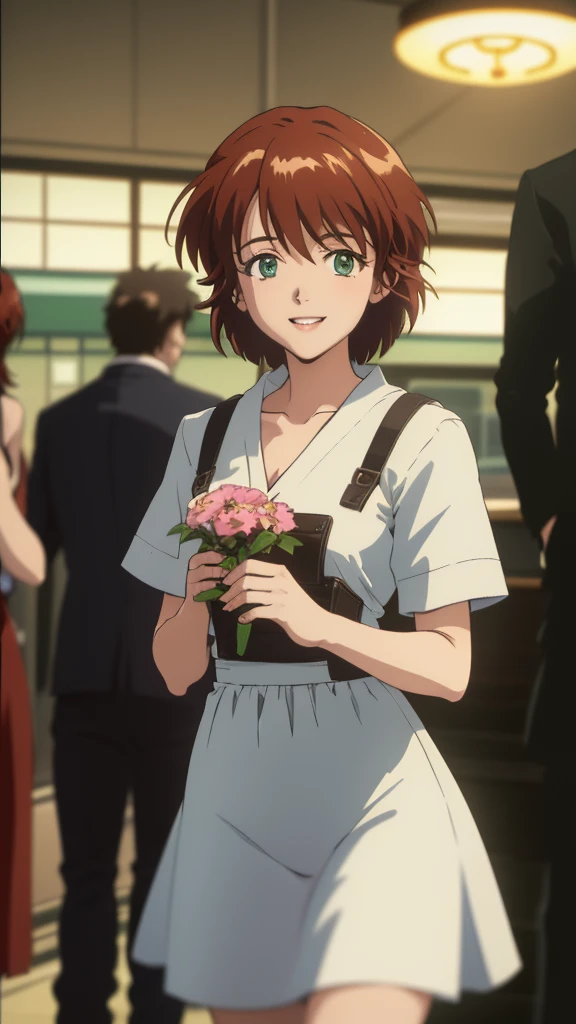 1girl, Mana Kirishima, anime 90s style, short hair, green eyes, white dress, flowers, smiling, at train station, realistic, photorealistic, ultra-detailed, high quality, best quality, 8k, masterpiece, cinematic lighting, vibrant colors, warm color palette