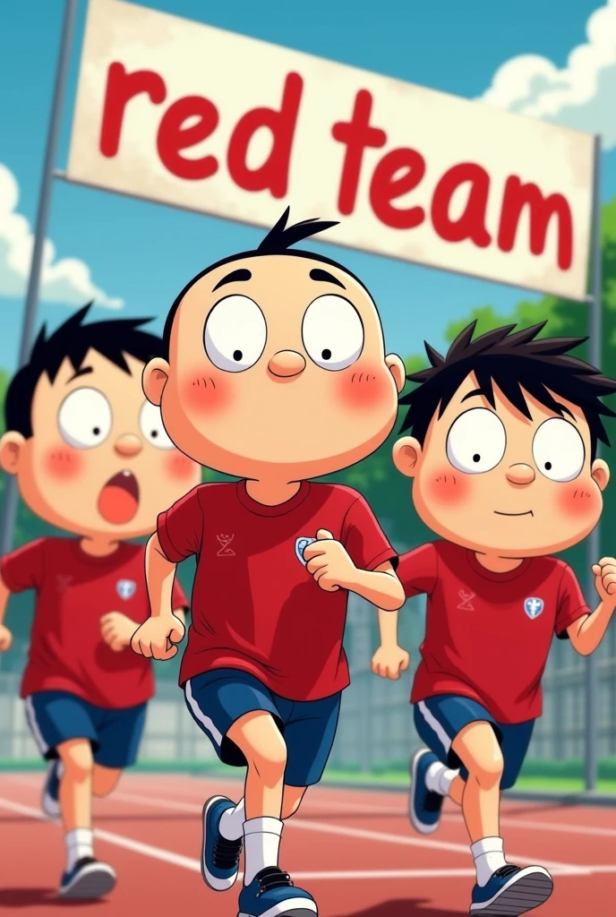 Four shinchan-faced people wear red sports shirts in the running area and there is a written sign (RED TEAM)