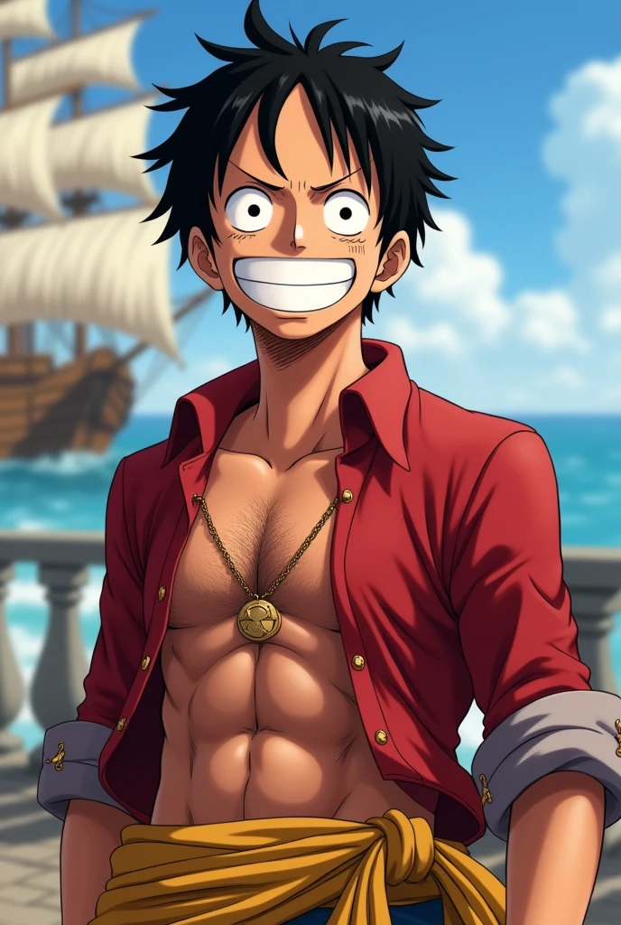 Create an image of Luffy full body smiling but already older that looks realistic to how he is now but FULL body