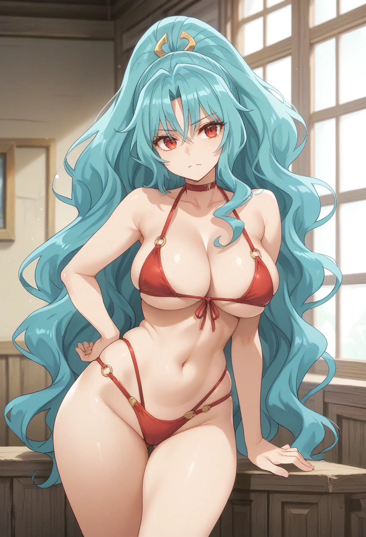 long hair aqua hair ponytail red eyes,big breast,tight cloths,narrow waist,wide hips,bikini,roxy-migurdia
