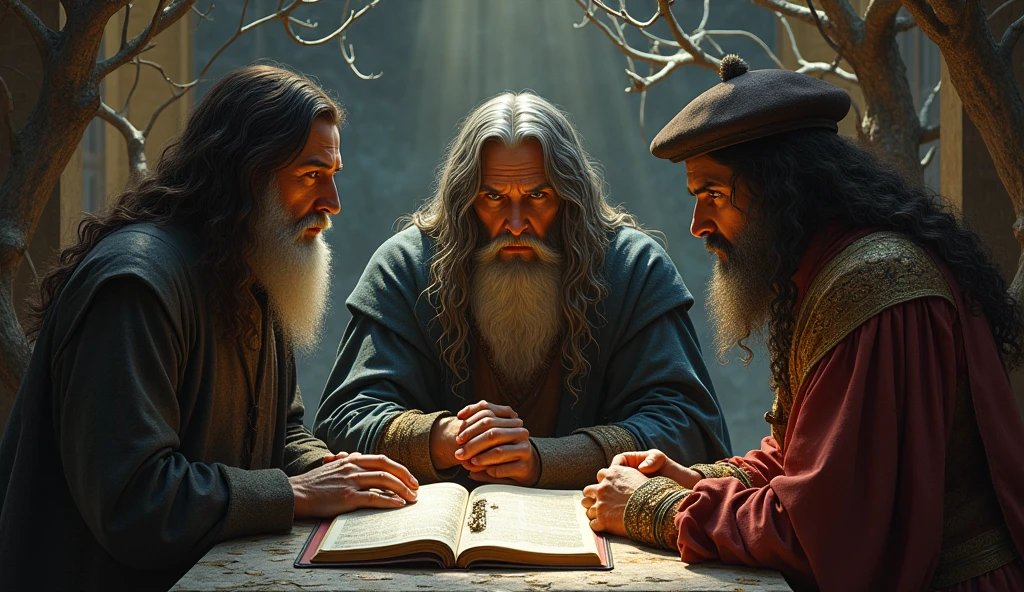 Michael Nostradamus has an oval face and a serious expression, a long beard and long, wavy dark white hair. He usually wears 16th century clothing, including a cloak or cape and a beret-type hat. His eyes are piercing and contemplative. in a temple thinking with 2 friends full of dry trees and with Spiritual Diaries