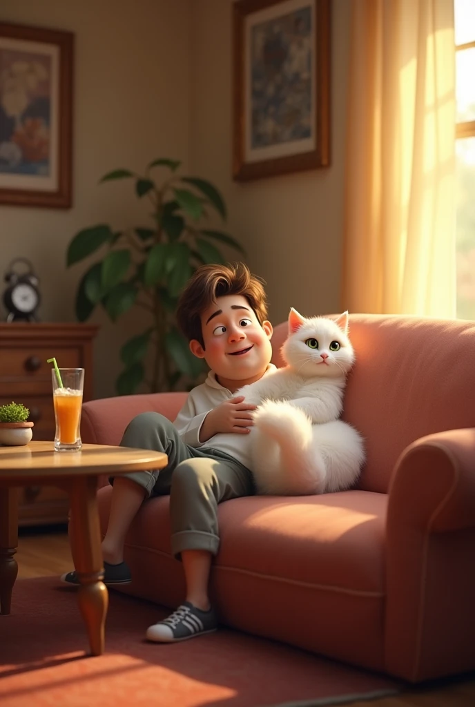 A cozy living room with the cat's owner sitting on a couch and a mysterious drink on the table. White cat  Pixar style 