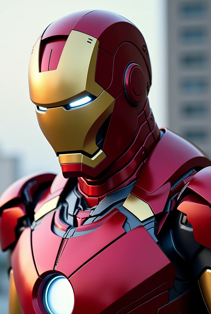 Ironman front, only from the chest up looking straight ahead, clearer image without shadow on the face, so that your head can be seen a little more, Zoom out a little further on the photo