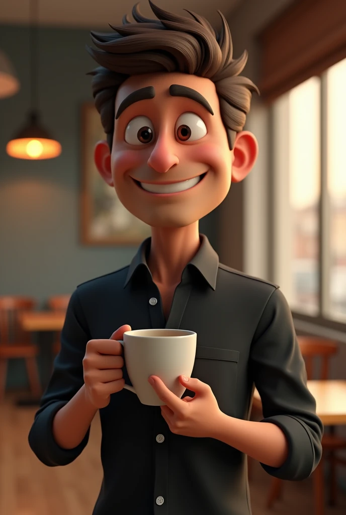Cartoon character of a man in a black shirt, animation character, stylized character, animation style rendering, 3d stylized, Arnold Maya rendering, Stylized 3D rendering, toon render screenshot, 3d character, 3d character, Stylized 3D rendering, 3D character rendering, cartoon character, Personagem de close up, character posing, holding a cup of coffee (Pixar-style) (master part:1.2) (bokeh) (best qualityer) (skin detailed) (detailed texture) (8k) (Argilla) (cinematic lighting) (sharp focus