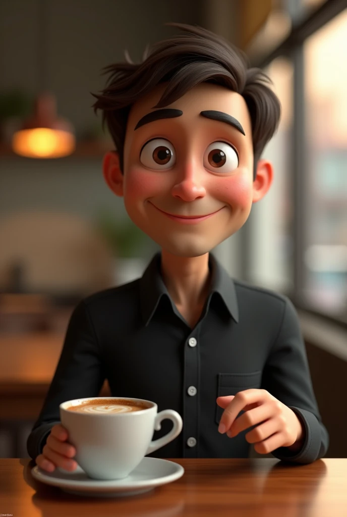 Cartoon character of a  man in a black shirt, animation character, stylized character, animation style rendering, 3d stylized, Arnold Maya rendering, Stylized 3D rendering, toon render screenshot, 3d character, 3d character, Stylized 3D rendering, 3D character rendering, cartoon character, Personagem de close up, character posing, holding a cup of coffee (Pixar-style) (master part:1.2) (bokeh) (best qualityer) (skin detailed) (detailed texture) (8k) (Argilla) (cinematic lighting) (sharp focus