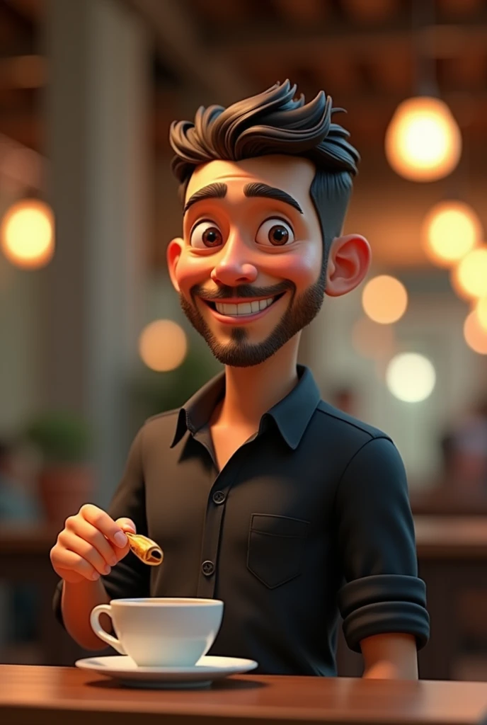 Cartoon character of a man in a black shirt, animation character, stylized character, animation style rendering, 3d stylized, Arnold Maya rendering, Stylized 3D rendering, toon render screenshot, 3d character, 3d character, Stylized 3D rendering, 3D character rendering, cartoon character, Personagem de close up, character posing, holding a cup of coffee (Pixar-style) (master part:1.2) (bokeh) (best qualityer) (skin detailed) (detailed texture) (8k) (Argilla) (cinematic lighting) (sharp focus