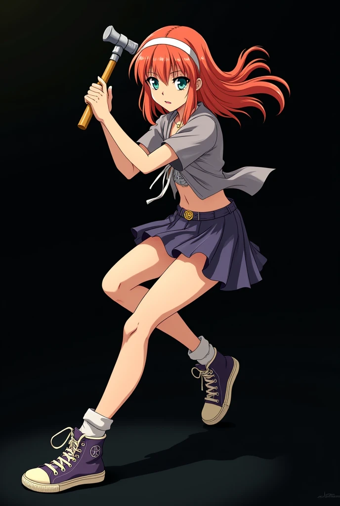 A full body image of an 1 girl named Hana Watanabe, personagem do anime "dragonball z", she is very beautiful, with medium length straight fire-colored hair with two white highlights in the front, framing your face. She has blue-green eyes and pale skin.. she is a Wiccan, she is in fighting pose. she wears a pentagram necklace, croped, glued skirt, beautiful women&#39;s high-top shoes and ¾-long socks, she holds a common nail hammer and nails. It is drawn with Akira Toryama&#39;s animation. black backdrop.
