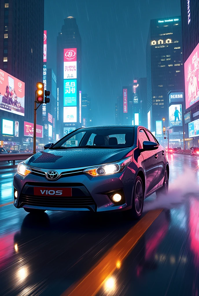 Toyota vios in night cityscape background with a man who is sitting at the background