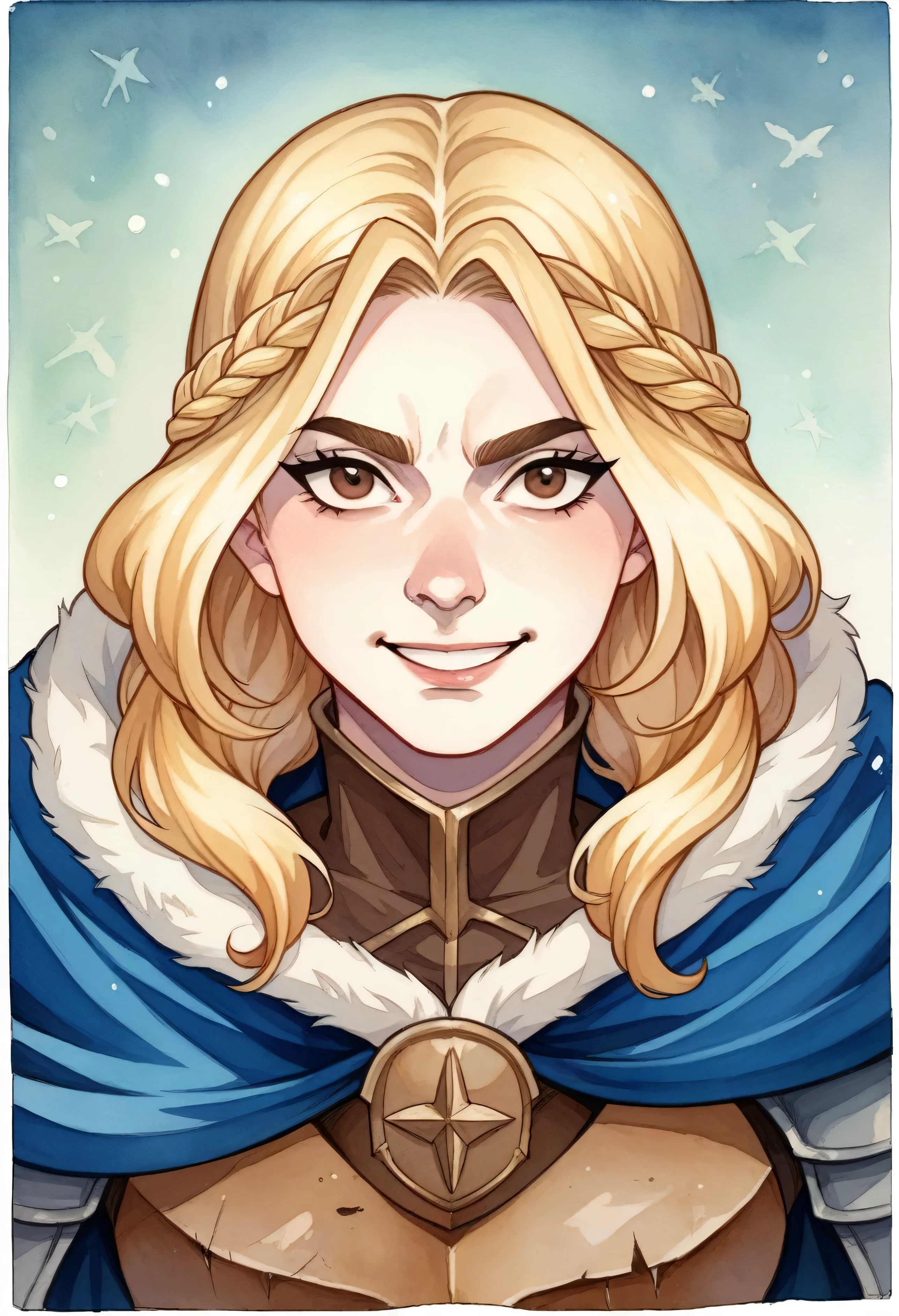 Bella Snow, Young woman aged 25, young high-ranking knight, blonde, mid-length hair, brown eyes, concave nose, athletic build, superb armor and blue cape, mischievous smile, heroic medieval fantasy, watercolor comics style, with pale skin, comics , inspired by Al Williams, surrounded by loyal soldiers