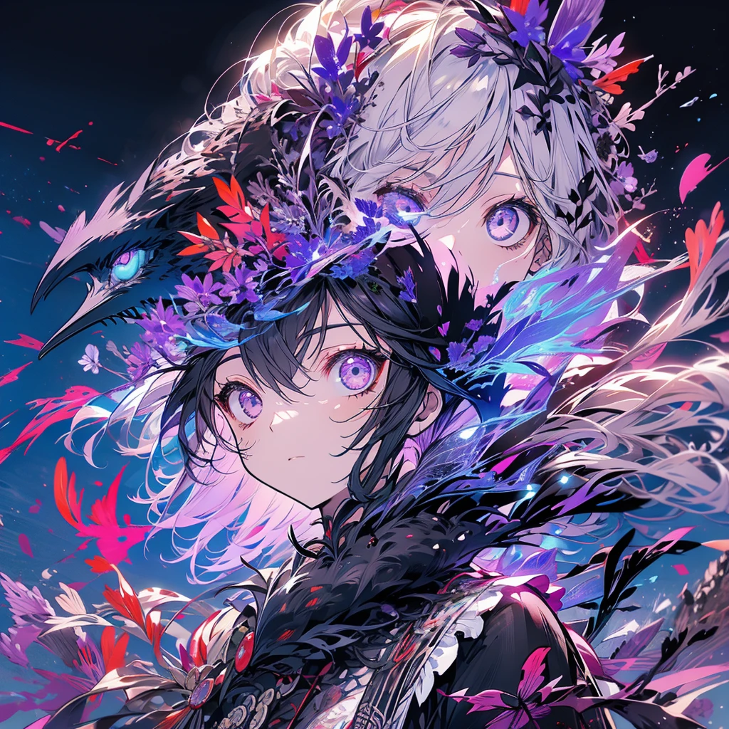 A crow on a withered purple flower, at night.