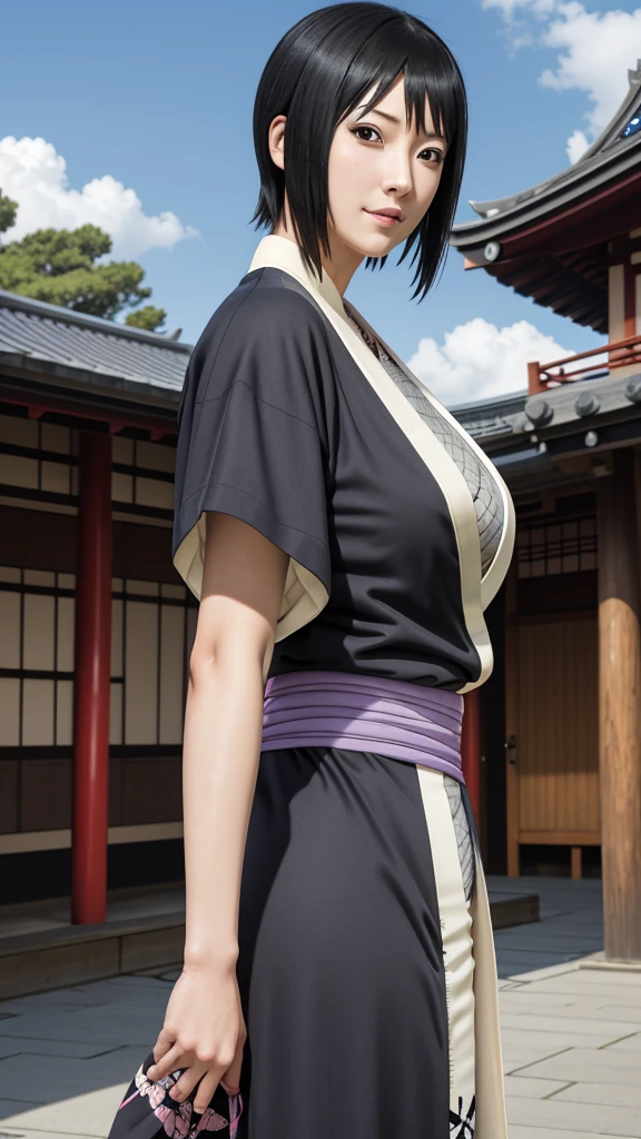 masterpiece, best quality, shizune, black kimono, upper body, looking at viewer, slight smile, large breasts, japanese architecture, outdoors, sky, realistic