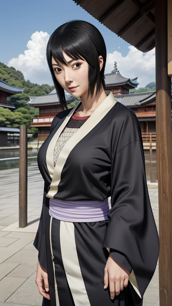 masterpiece, best quality, shizune, black kimono, upper body, looking at viewer, slight smile, large breasts, japanese architecture, outdoors, sky, realistic