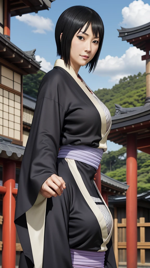 masterpiece, best quality, shizune, black kimono, upper body, looking at viewer, slight smile, large breasts, japanese architecture, outdoors, sky, realistic