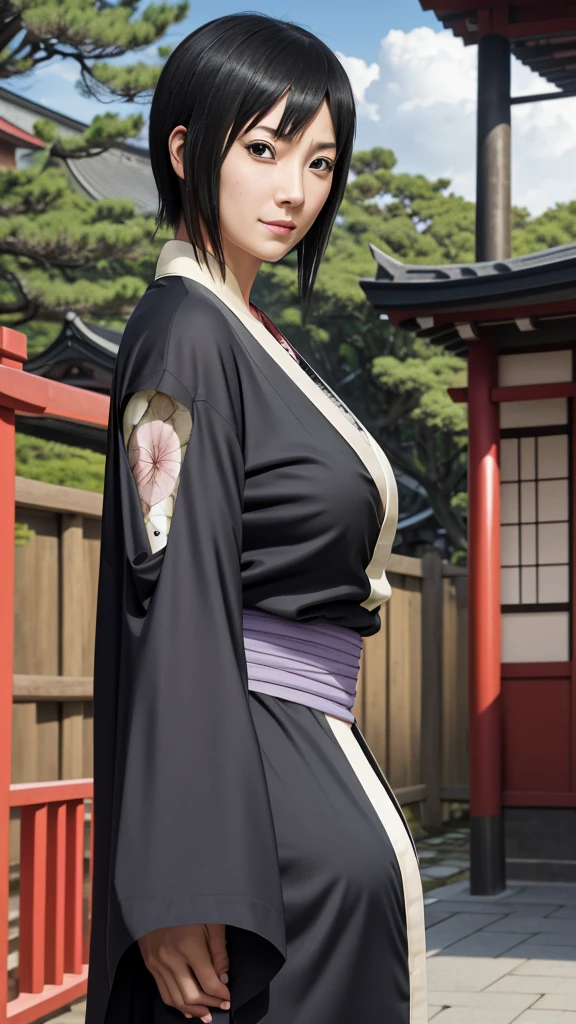 masterpiece, best quality, shizune, black kimono, upper body, looking at viewer, slight smile, large breasts, japanese architecture, outdoors, sky, realistic