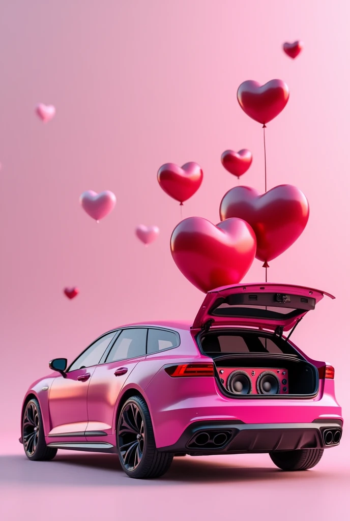 pink car with sound box in the trunk and heart ballons, perfil view, 8K, High Quality, Clean Background, 8K, High Quality,