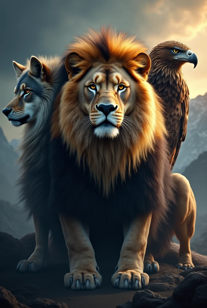 Image Description:

fund: The background can be a dramatic natural environment, like a mountainous landscape or a sunrise landscape, to highlight the majesty of the animals. Use deep, contrasting colors, such as shades of dark blue, gray and gold, to create an imposing environment.

wolves: Position the wolf&#39;s head to the left of the image. He must have a proud and confident posture, with head held high and gaze intense. Its fur can be represented in shades of dark gray and white., with a slight shine to highlight its grandeur.

Lion: Place a lion&#39;s head in the center, which is the main focus of the image. The lion must be in a majestic pose, perhaps sitting with an upright posture, with a voluminous and well-detailed mane. Use shades of gold and orange to emphasize the lion&#39;s royalty and strength..

Eagle: The head of an eagle should be positioned to the right, with wings partially open, as if about to take flight. The eagle&#39;s gaze must be penetrating and steady, with detailed feathers in shades of brown and white, to convey a sense of surveillance and power.

Additional Detail:

Lighting: Use dramatic lighting to highlight each animal, creating shadows and lights that accentuate its features and imposing presence.

Composition: Ensure that the composition of the image creates a visual balance between the three animals., with the lion in the center serving as the focal point. The other animals should be arranged in such a way as to complement and reinforce the centrality of the lion..

This description should help create an image that conveys respect and grandeur., capturing the essence of each animal in a majestic and impactful way.