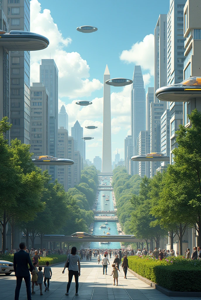 Create a futuristic image of Washington, D.C., showcasing the city as it might look in the next 50 years. Incorporate advanced technology, innovative architecture, and green spaces. Highlight iconic landmarks like the Capitol, the Washington Monument, and the Lincoln Memorial, reimagined with modern and sustainable features. Show a vibrant and thriving cityscape with people, transportation, and environmental elements that reflect progress and change.