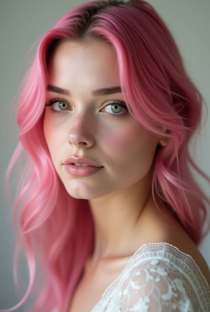 Portrait of pink hair, green eyes, beautiful face, 30 years old