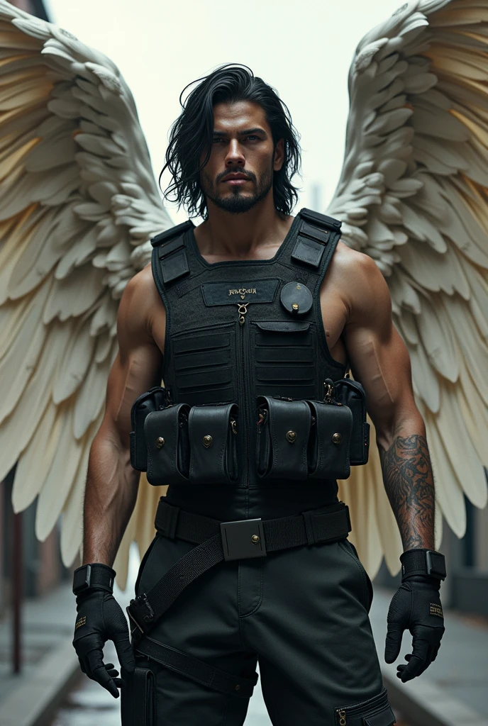 A handsome man, mid-length black hair with angel wings and dressed as a mercenary 