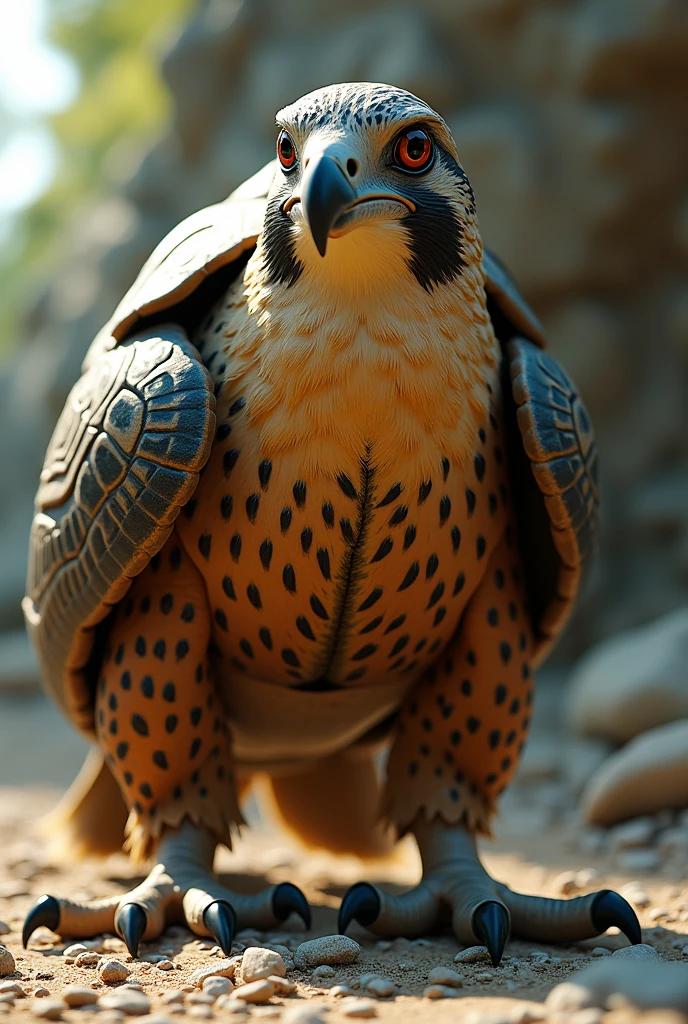 (photorealism:1.2), Create a hyper-realistic image of a hybrid animal featuring the head of a falcon, including its sharp, piercing eyes, hooked beak, and sleek feathers, combined with the body of a tortoise. The tortoise's sturdy, armored shell and legs should seamlessly blend with the falcon's head, giving a unique contrast between the falcon's streamlined head and the tortoise's robust, shelled body