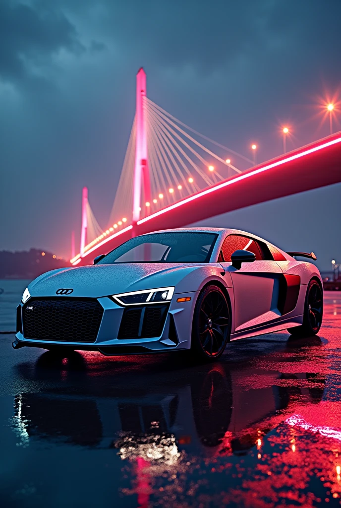he Audi R8, with body parked near a lit-up bridge, reflects the perfect blend of speed and style with neon lightd