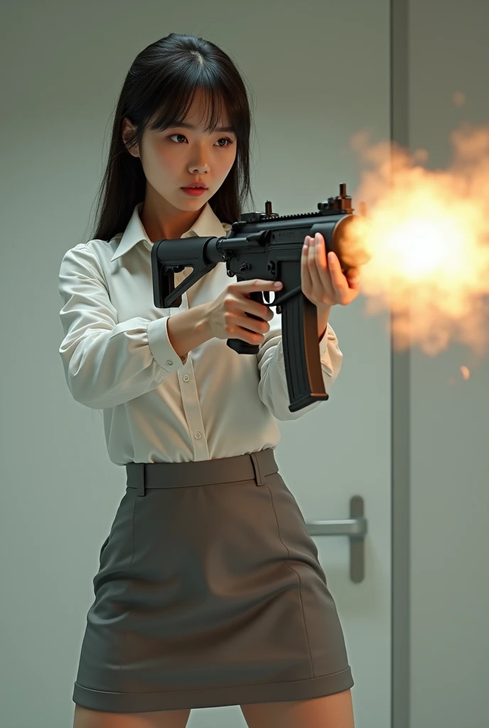 beautiful chinese office lady white shirt grey mini skirt realistic machine gun toting hip firing real person legs apart standing rampage shooting serious expression side target shouting