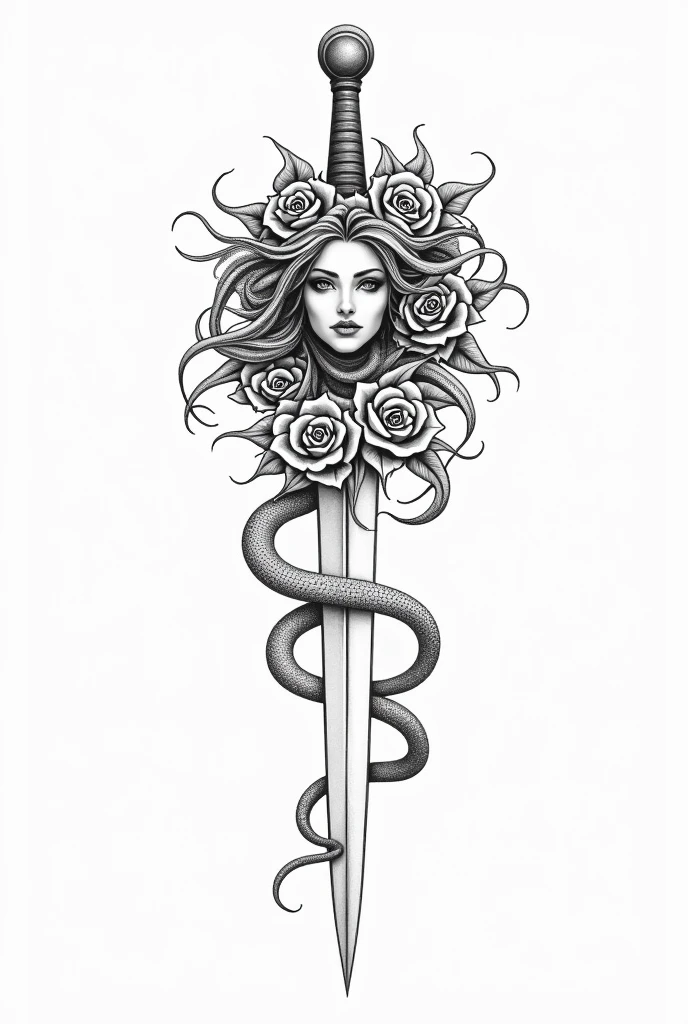 simple linework tattoo of medusa on top of a sword with roses around it