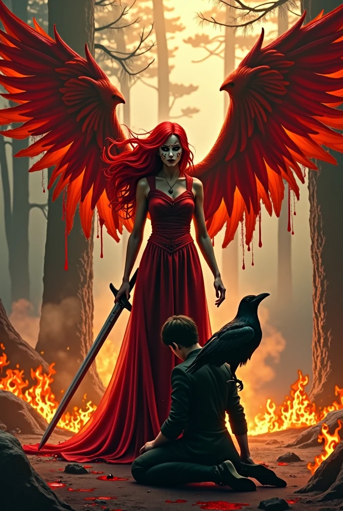 Let there be a red-haired and masked Lady in a forest on fire,have big, broken, red wings.A dark-haired prince kneels before her. He looks into her eyes, imploringly..Let it be the sword that hides behind the lady.Let there be fire all around and big crows everywhere.One of the crows is on the prince's shoulder and is injured..Let the princess be masked and let blood flow from her large wings, Let there be a sword stuck into the ground next to him, Let blood drip from the sword