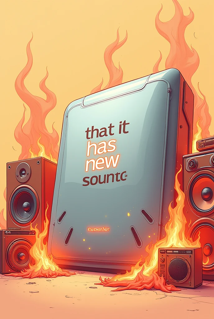 That it has new sound written on it, that it is a digital drawing and that the background is light orange and with speakers on all sides and with screens, radios and flames of fire