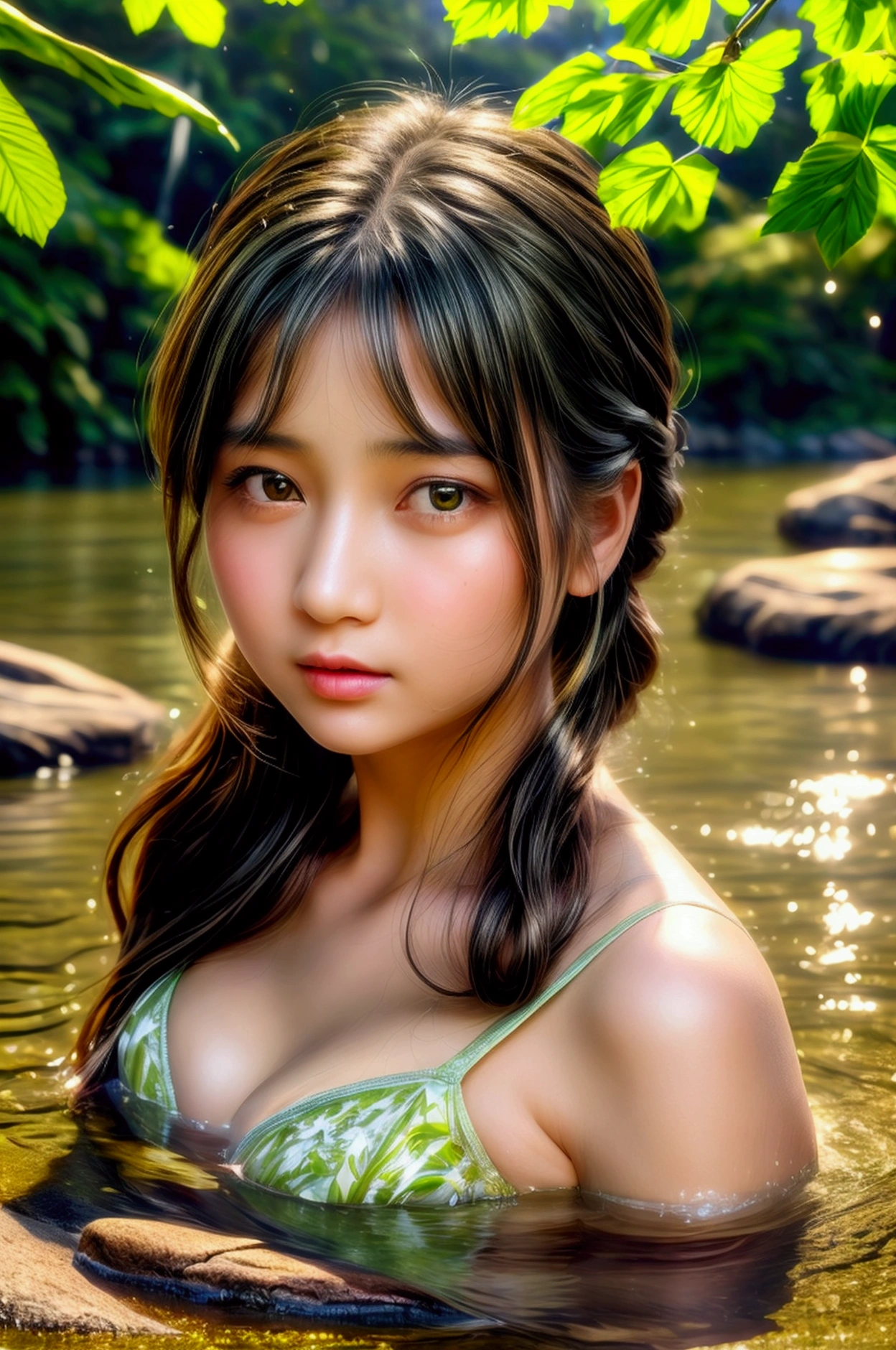 (((Misako Renbutsu)))Beautiful Young Female with Silver Fox Tail in Lake, extremely delicate and beautiful,Outstanding light and shadow,Clear and bright sunlight, Professional portrait (Face Closeup from below), Semi-nude photography, close up portrait of bathing in a lake, Oodles(Floating Petals), ((backlighting)) Sparkling water surface with Reflection and Refraction, ((Soaked body in water)), (beltbra) Visible Upper breasts, {lens flare|Shade|bloom|[chromatic aberration]}, TopQuality Masterpiece of 8K Ultra-detailed DigitalPainting (by Jeremy Lipking)  
