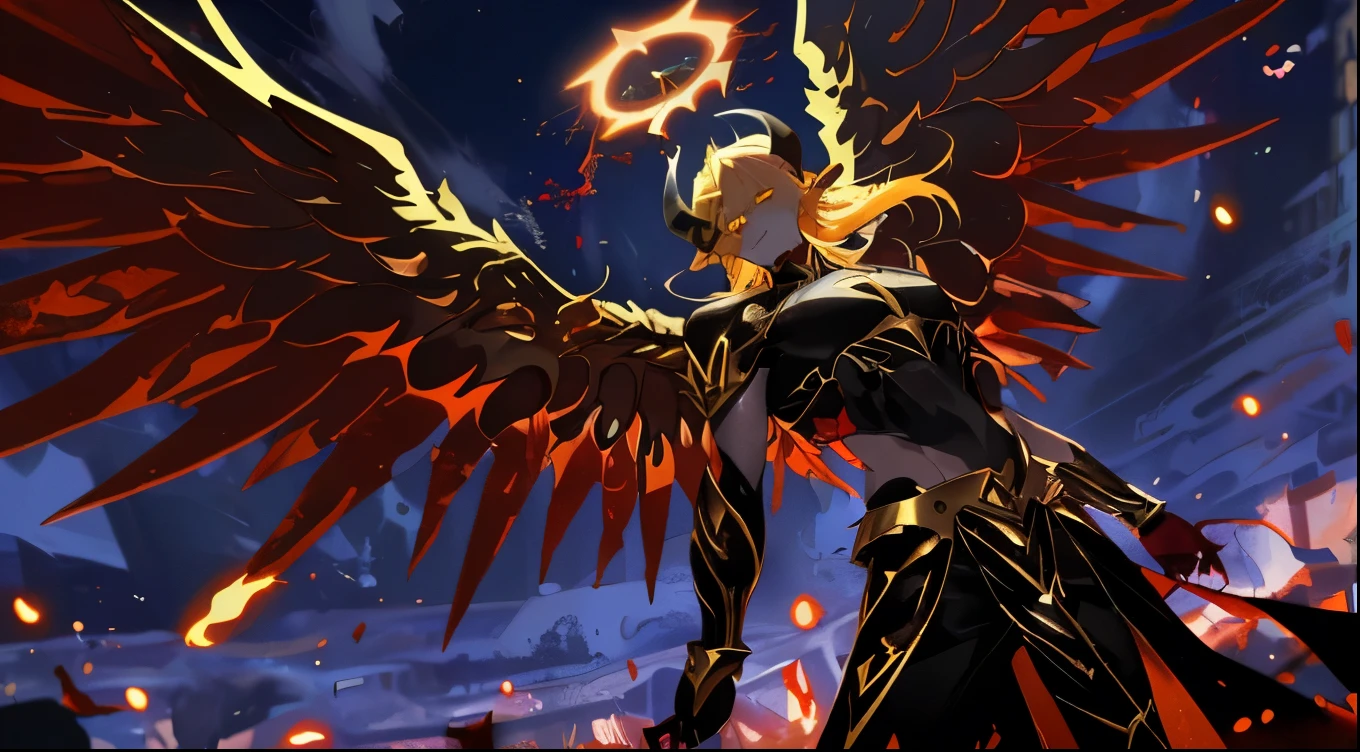 Male angel with blond hair, two horns on the forehead, yellow eyes, torn black clothes, blood angel, divine crown, male character