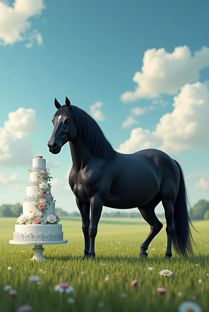 A fat black mare pregnant with 20 foals stands with a wedding cake on the side of the field