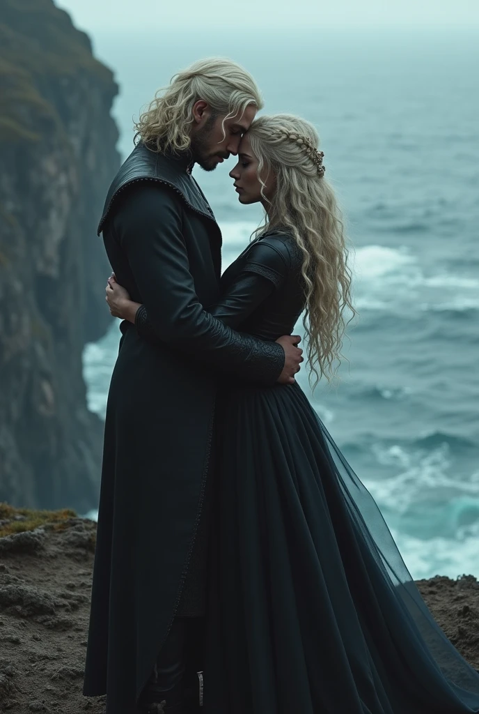 Behind shot of a Targaryen couples with long curly platinum blonde hair,both are sad and holding each other on a island cliff with smokes and fig around,Ocean in background,Dark theme, Realistic detailed image