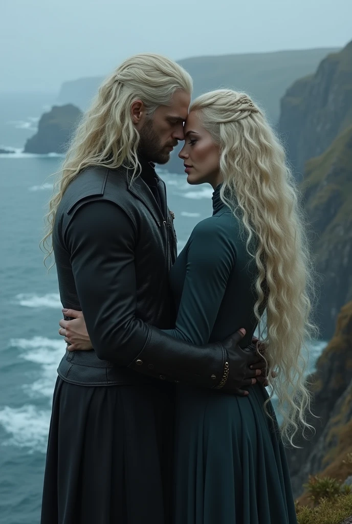 Behind shot of a Targaryen couples with long curly platinum blonde hair,both are sad and holding each other on a island cliff with smokes and fig around,Ocean in background,Dark theme, Realistic detailed image 