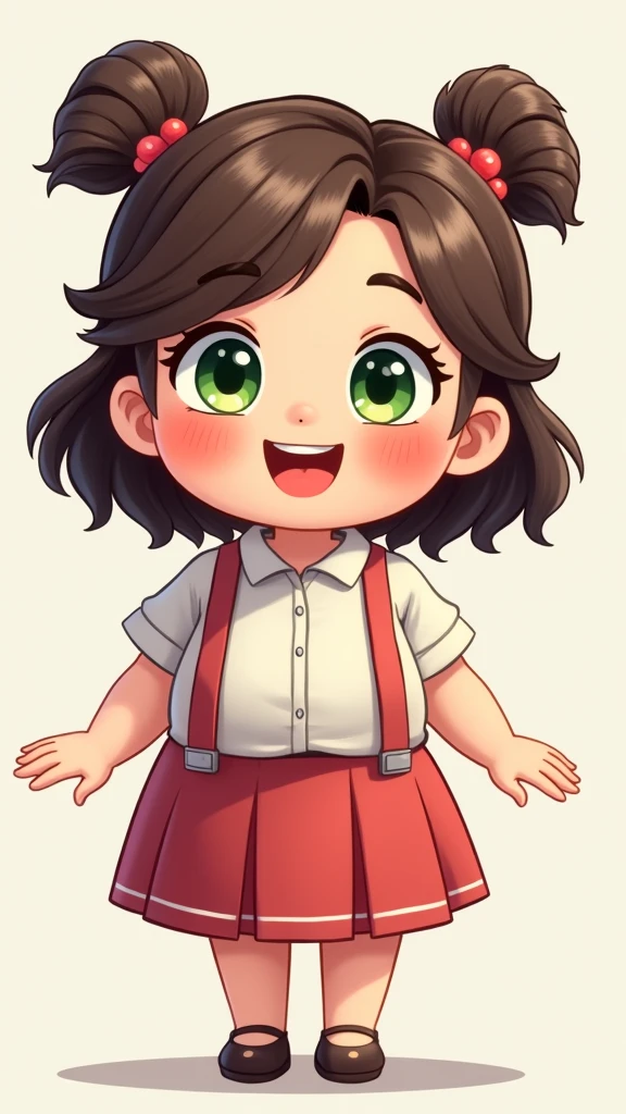 a chubby teacher with highlights in her hair, green eyes in chibi art style