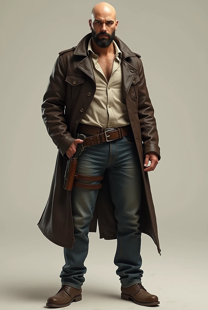 (photorealism:1.2), ((full body)) young attractive bald man, european, fit body, white skin, black short beard, brown eyes, gunslinger outfit