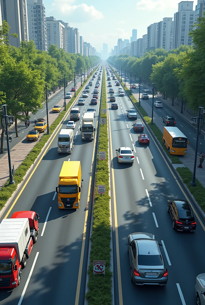 Draw a two-way traffic lane that has, how many lanes, two roads, a central separator, a berm, a parking bay and an exclusive use lane