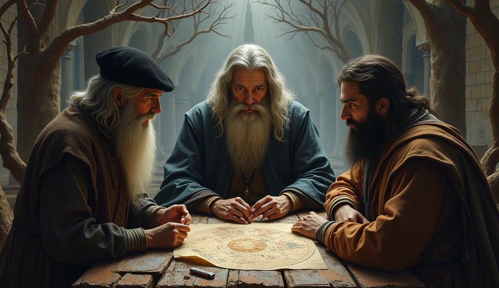 Michael Nostradamus has an oval face and a serious expression, a long beard and long dark, wavy white hair. He usually wears 16th century clothing, including a cloak or cape and a beret-type hat. His eyes are penetrating and contemplative. in a temple thinking with 2 friends full of dry trees and with Spiritual Diaries and with Astral Map
