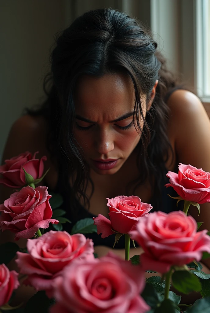 A woman, resembling Gal Gadot, sitting with her head bowed, crying as she is surrounded by roses. The roses symbolize love and beauty, while her posture and expression convey a deep sense of sorrow and emotional pain. Realistic image