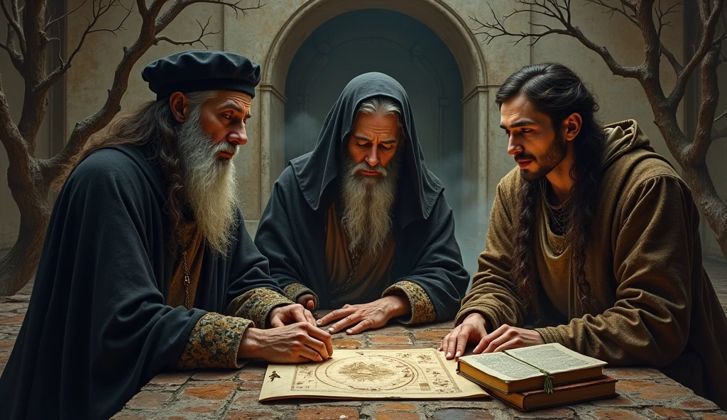 Michael Nostradamus has an oval face and a serious expression, a long beard and long dark, wavy white hair. He usually wears 16th century clothing, including a cloak or cape and a beret-type hat. His eyes are penetrating and contemplative. in a temple thinking with 2 friends full of dry trees and with Spiritual Diaries and with Astral Map