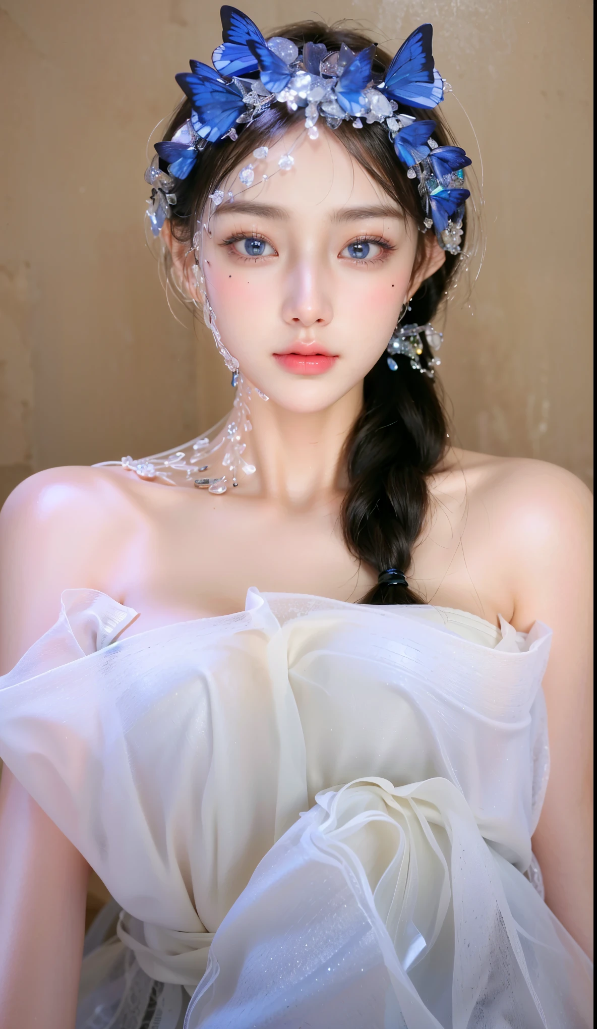 Game Art，Best image quality，Maximum resolution，8K，(A bust photo)，(portrait)，(Head close-up)，(Rule of Thirds)，Unreal Engine 5 rendering works，20 year old girl，((Queen))，The eyes are very detailed，(Large Breasts)，Elegance and nobility，Movie Light，Ray Tracing，Game CG，((3D Unreal Engine))，OC rendering reflection mode，4K，Ultra-clear，Translucent lace，Fair and plump figure，Pretty Face，Glossy Gel Coat，身着华贵礼服的Queen，Necklace jewelry，Dark blue pupils(Like the eyes of the starry sky)，Princess wearing Chinese Hanfu