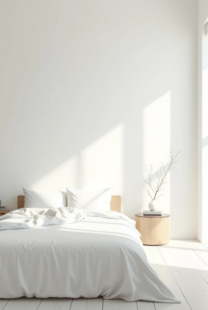 generate an image of a hotel room with white walls, clean white sheets
