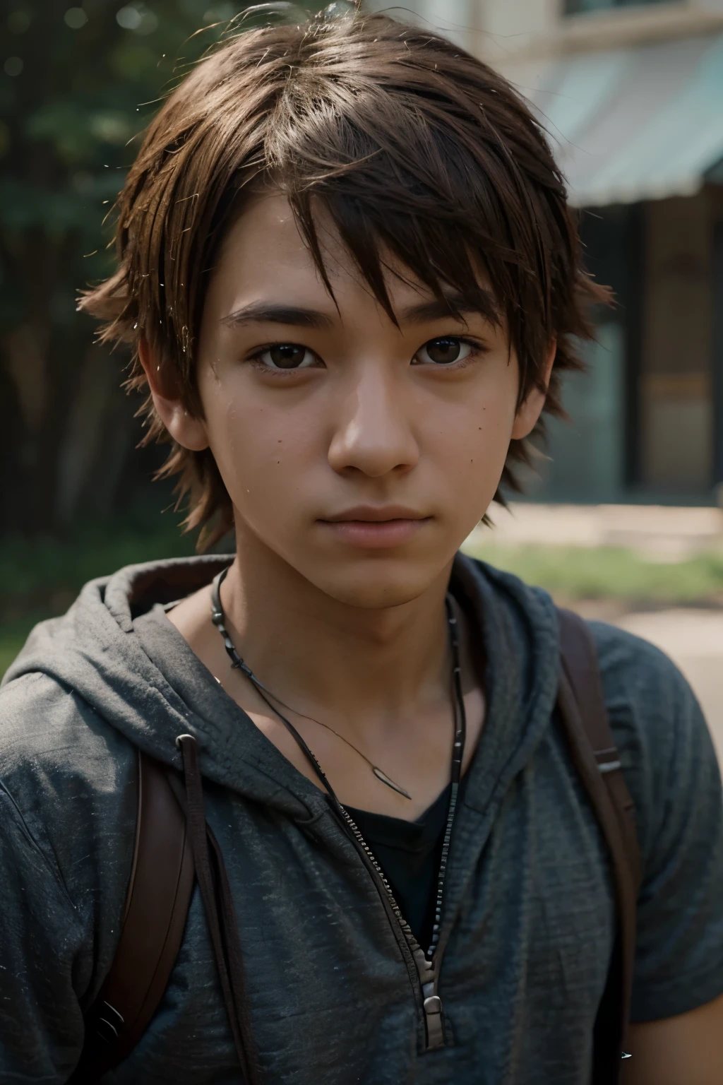 Imagine Sora from Kingdom hearts in a human like environment, detailed face features, detailed hairs, photography, portrait of a young man in his