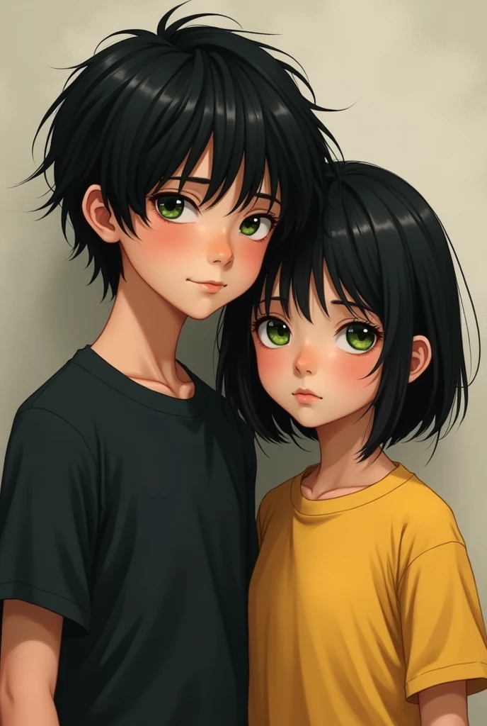 Boy with long black hair in black shirt with a girl with black hair and green eyes in yellow shirt 