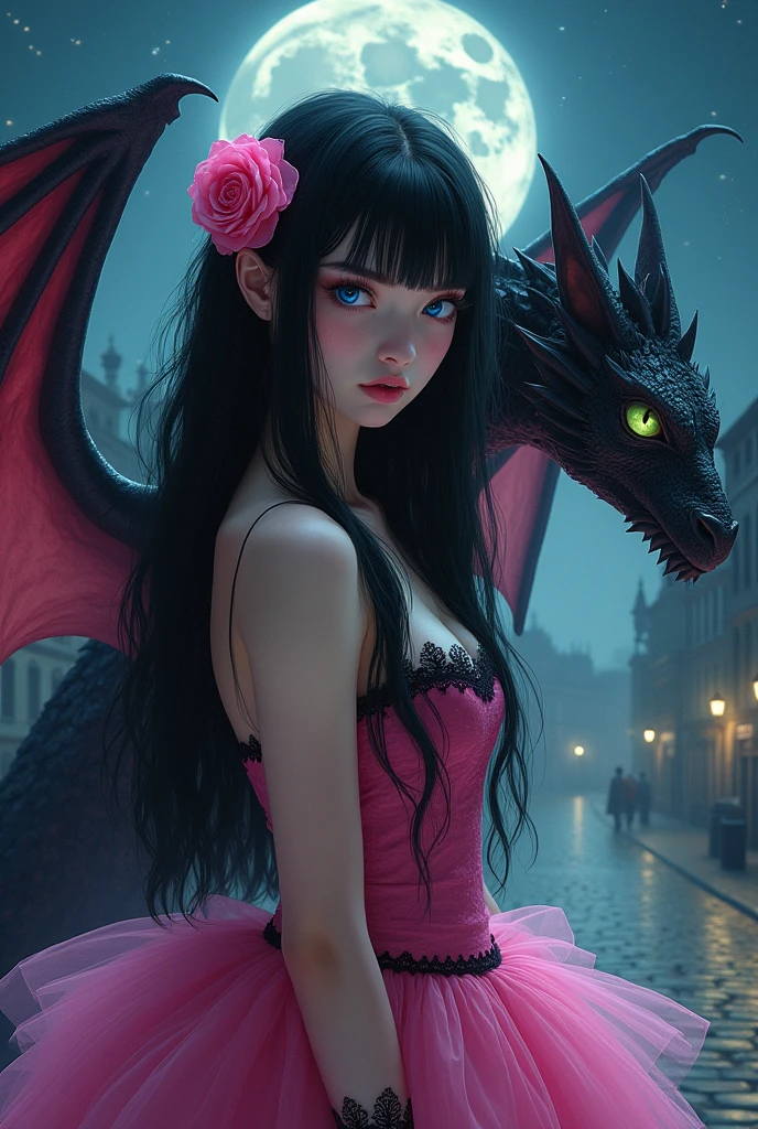 dark fantasy, young woman in fuchsia pink dress with tutu of the same color with black lace, intense blue eyes, long straight messy hair, jet black color, a bubblegum pink rose as an ornament in her hair , A fierce dragon with large bat-style wings and emerald green eyes, night background with stars and full moon, and city with buildings and a cobblestone street